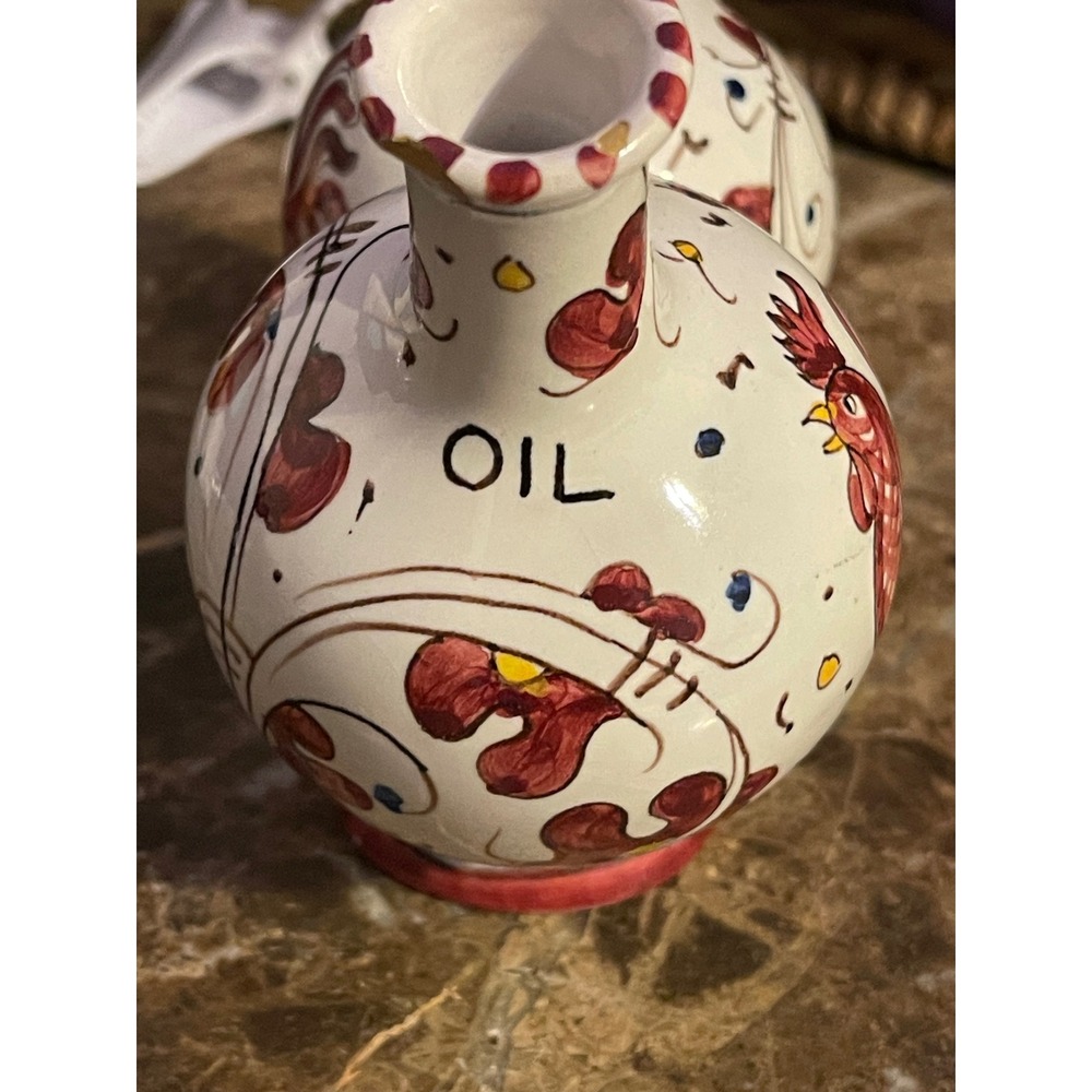 Grazia Deruta Italy Hand Painted Ceramic Oil and Vinegar Cruet Rooster Motif - Picture 4 of 6